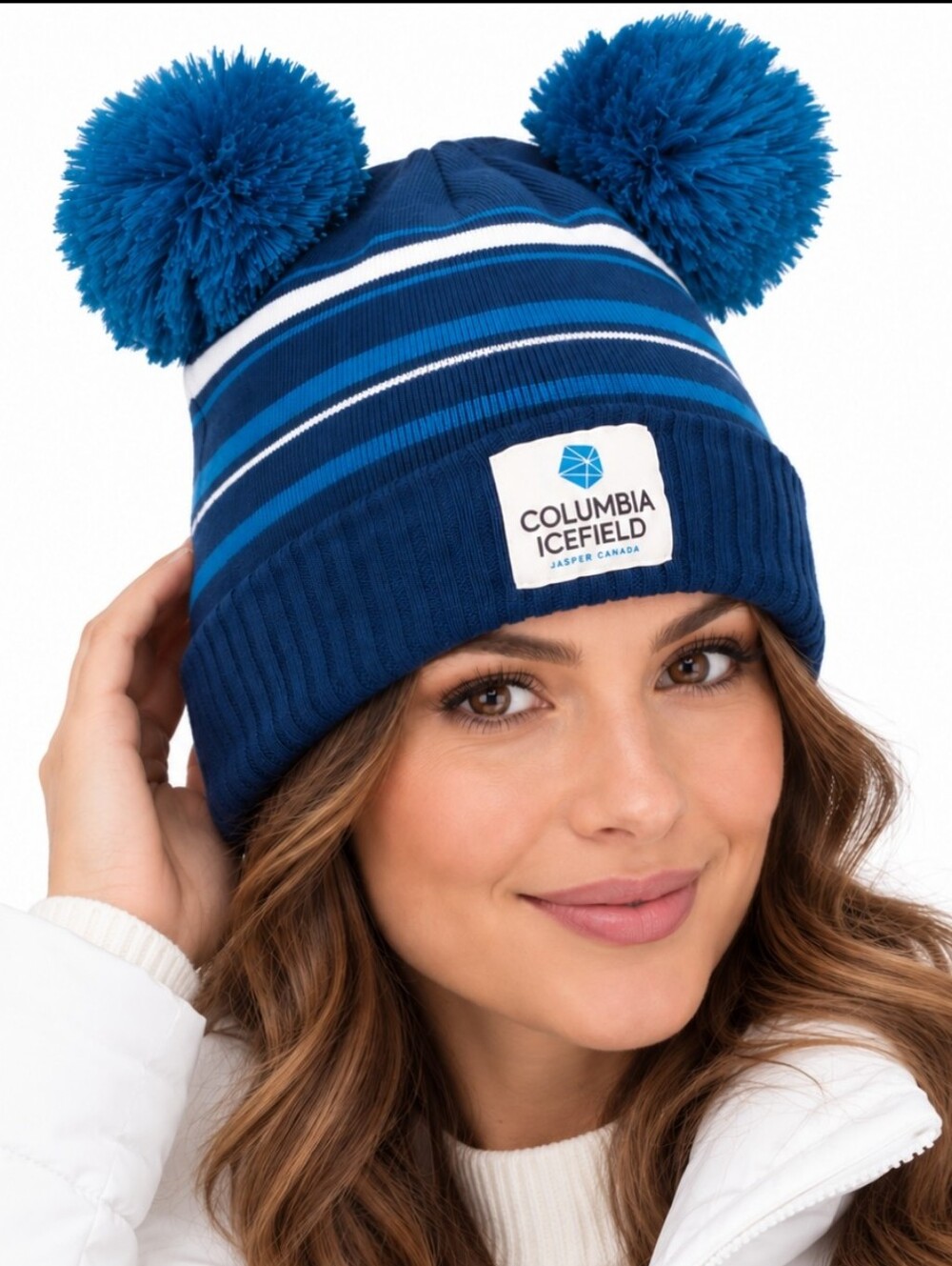 Columbia Icefield Jasper Canada Double Pom Pom Beanie Winter Hat Blue